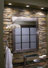 Stacked stone backsplash bathroom