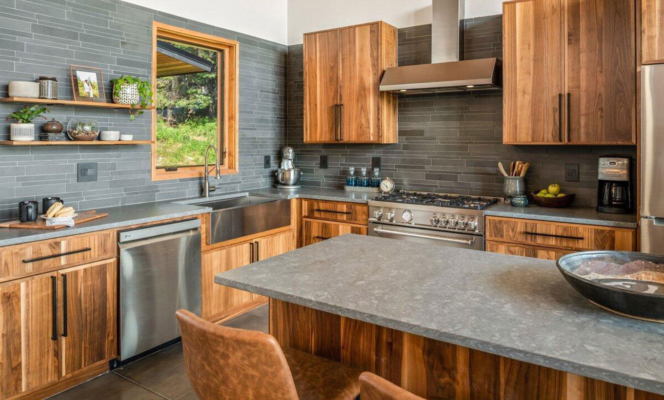 Smooth Grey Lava Stone Backsplash used on a gorgeous rustic Idaho kitchen